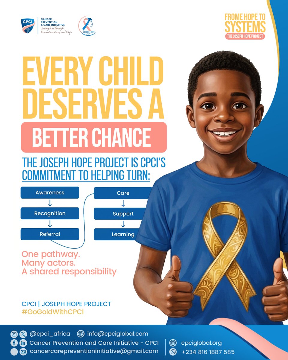 cpci_africa's tweet photo. From awareness to stronger systems. 💛

The Joseph Hope Project brings our thinking around recognition, referral, care, family support, data and research into one connected vision:

Stronger childhood cancer pathways.

#GoGoldWithCPCI #ChildhoodCancer #JosephHopeProject  @UNICEF https://t.co/Z21GEq6wiu