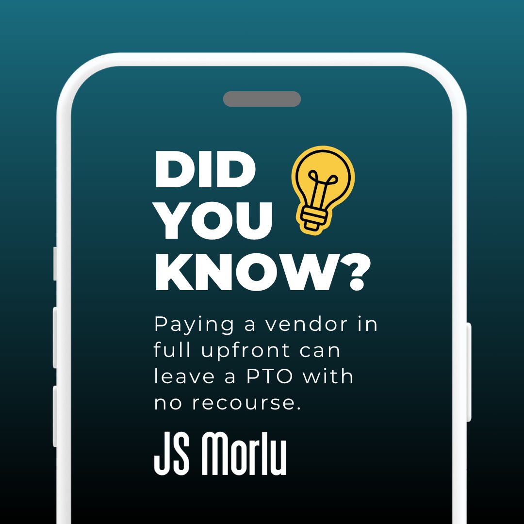 JSMorlu's tweet photo. Paying a vendor in full upfront can leave a PTO with no recourse if things go wrong. Stage the payments instead.
#PTO #DidYouKnow https://t.co/NjRL3e9lco