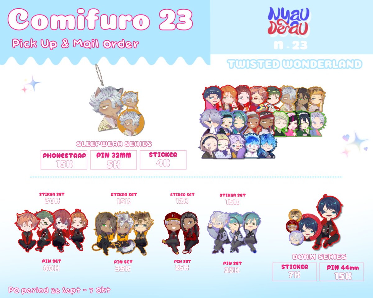 Kurcilily_14's tweet photo. [like &amp; shares appreciated] 💖💖
Hi guyss~
Finally my catalogue for #CF23 PICKUP BOTH DAYS &amp; MAIL

🗓 26 - 7 okt
🧶 Nyau Deau (N-23A) 
✨ TWST, Idolish7, PANDAVVA, Natsume-cho, CoolDojiDanshi, Originals, RE9, ZZZ
🔗PO LINK (3)👇

(1/3) 

#cf23catalogue #cf23 #comifuro23 https://t.co/UXHdvxVLTt