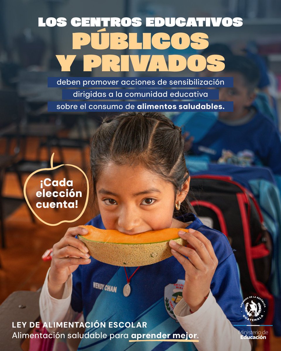 MineducGT's tweet photo. En todos los centros educativos, públicos, privados, por cooperativa y municipales deben promover el consumo de alimentos saludables.

Cada elección cuenta

#PAEGuatemala
#Mineduc
#LeyDeAlimentaciónEscolar
#TiendasEscolares https://t.co/pVPCAEqwHF