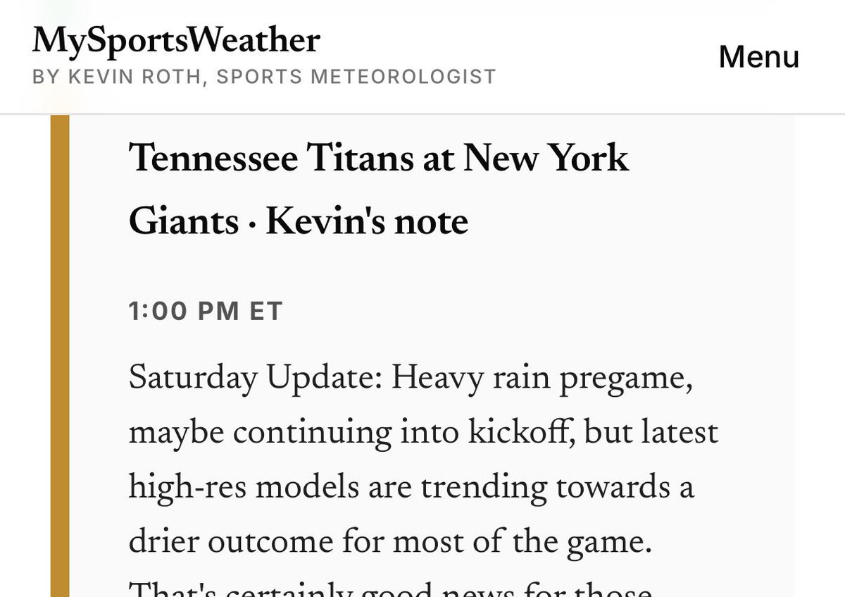 KevinRothWx's tweet photo. 🏈☔️🚨 Fresh NFL weather update on MySportsWeather 🚨

It’s not *good* weather, but it’s definitely positive news for fantasy players in the Giants and Commanders games: https://t.co/vHgbmLTmTC (FREE)

Any shares or likes are greatly appreciated 👌 https://t.co/wcIP7juuuw