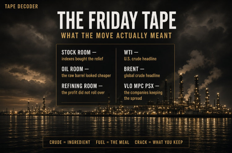 SmariesUpdates's tweet photo. Plain-English version of the Friday wrap, for anyone not in oil:

Think of the stock market and oil market as two different rooms in the same house.

On Friday the stock room was cheerful. The big indexes closed higher. Fear (the VIX) calmed down. Even gold stayed expensive. People felt a little safer.

In the oil room the raw ingredient got cheaper on the screen. WTI dropped. That usually gets reported as “oil is weak, so everything energy-related should be weak.”

It isn’t that simple.

A refinery buys the raw barrel and sells gasoline and diesel. The money it keeps in the middle is the “crack.” If the raw barrel gets cheaper but the finished fuel does not get cheaper by the same amount, the refinery’s profit actually gets bigger.

That’s why Valero, Marathon, and Phillips 66 did not fall with crude. The market is not just watching the price of oil on TV. It is watching how much money the companies make turning oil into fuel.

A crude inventory build sounds like “there’s more oil sitting around.” But if the factories (refineries) are already running hard, that extra crude does not automatically turn into extra gasoline on the shelf. The product side stays tight.

Hormuz matters because a huge amount of the world’s oil has to pass through that narrow waterway. If traffic stays limited, global fuel stays tighter than the WTI number implies. OPEC not adding more barrels in October means nobody is flooding the market to relieve that tightness.

Simple version of Friday:
Stocks = people felt a little better Oil price on the screen = the headline Refining profit = the actual money Cheap crude + still-tight fuel = refiners can keep making good money even while the headline looks “soft”

Same question as before: does that refining profit stay high into Thanksgiving, or do high pump prices finally make people use less fuel?