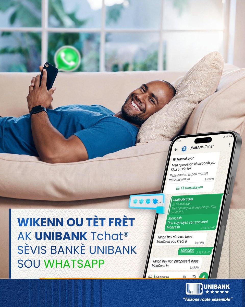 UBHaiti's tweet photo. Wikenn ou fèt pou w pwofite l ! Ou pa bezwen tann jouk lendi pou regle kèk bagay. UNIBANK Tchat disponib sou WhatsApp pou ede w jwenn aksè ak sèvis bank ou yo pi fasil.  
#UnibankHaiti #FaisonsRouteEnsemble #UNIBANKTchat #WhatsApp https://t.co/79LR5yeDlJ
