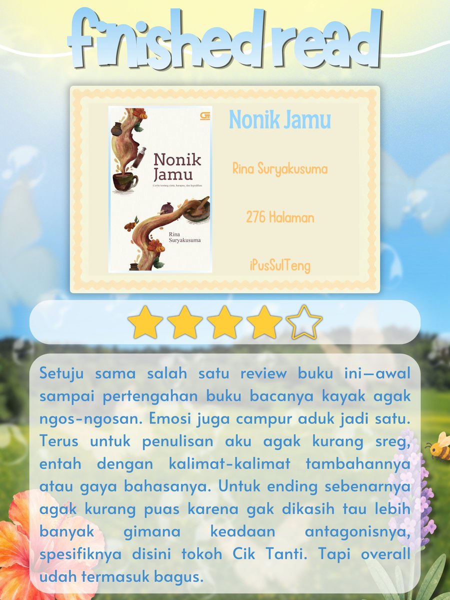 starbookaddict's tweet photo. ⠀
── °⋅• Finished Read &amp; Mini Review •⋅° ──

📖 Nonik Jamu
✒️ Rina Suryakusuma

⏱ 24-26 September 2026

Rate: ★★★★☆ (4/5)
⠀ https://t.co/HCOO4tyUCB