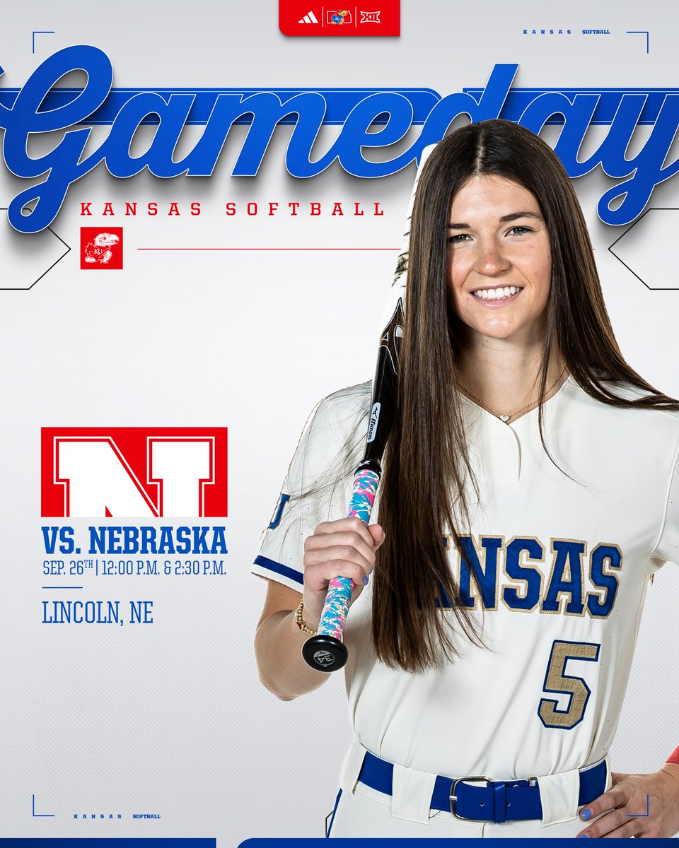 KUSoftball's tweet photo. Doubleheader on deck in Lincoln 🤩

🆚 Nebraska 
📍 Lincoln, Nebraska 
⏰ 12:00 &amp; 2:30 p.m.

#RockChalk https://t.co/iKYyNu9CXM