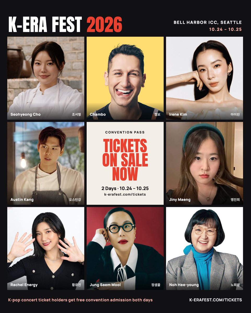 K_ERA_FEST's tweet photo. K-ERA FEST 2026 is coming to Seattle! 🇰🇷✨
Two days of K-Food, K-Beauty, celebrity chefs, influencers, live stages &amp; more at Bell Harbor ICC. 🔥
📅 Oct 24–25
🎟️ Tickets on sale now: https://t.co/TFqLkKzZU5
✨ K-Pop concert ticket holders get FREE festival admission both days! https://t.co/dhmXWN15QJ