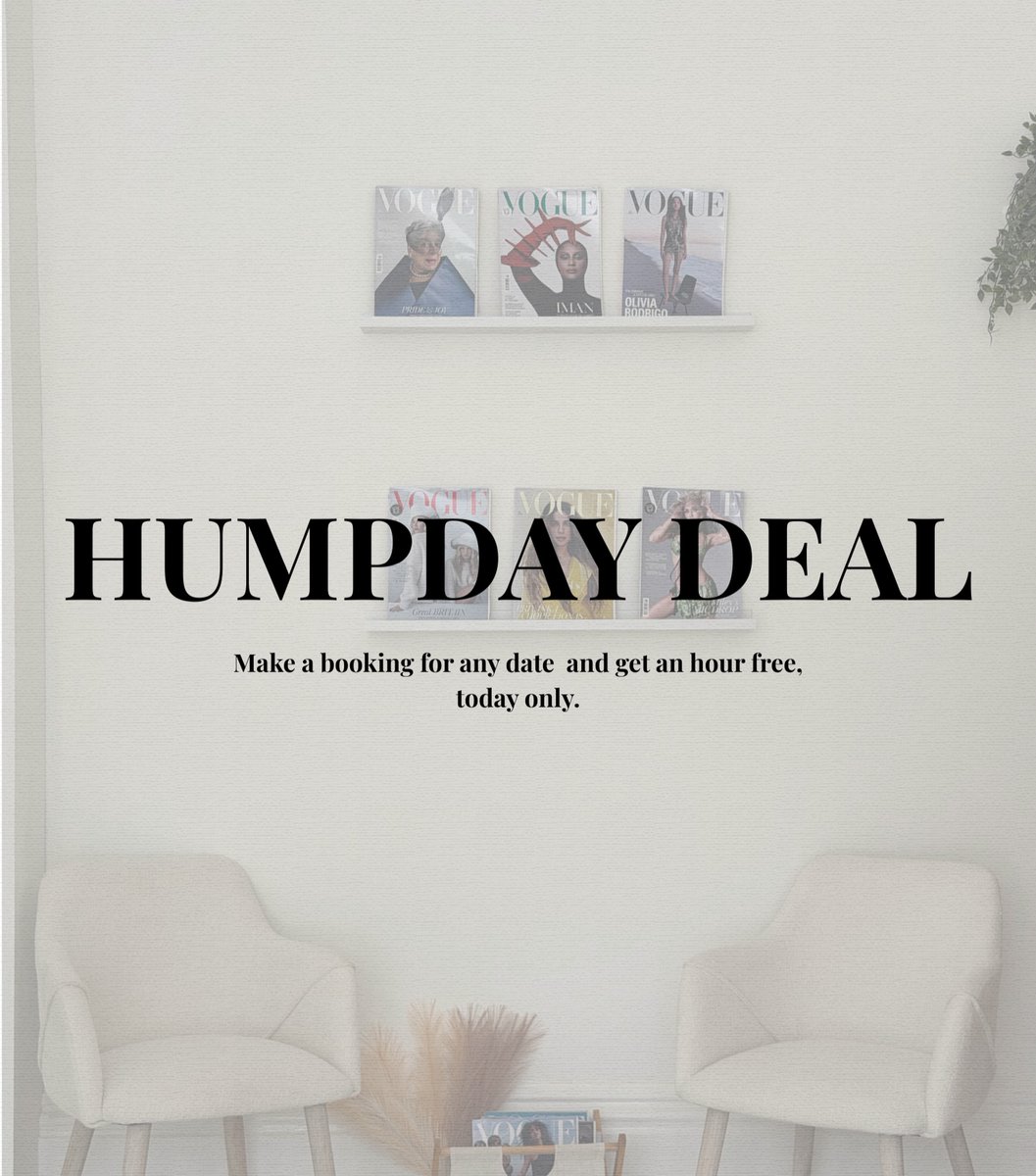 JudithSampilo's tweet photo. HUMP DAY DEAL

Today only, book any date and get an extra hour added to your booking for free. https://t.co/Vjhj6HLA90