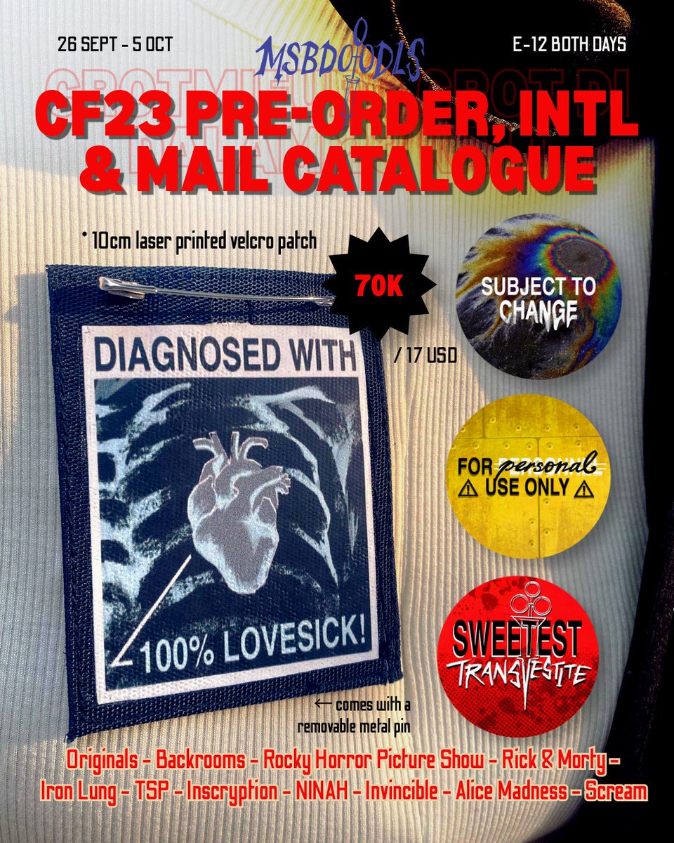 msbdoodls's tweet photo. MY #CF23 PO, MAIL &amp; INTL IS HERE‼️

🔗 PO &amp; MAIL LINK BELOW
🗓️ 26 SEPT - 5 OCT
📍 BOTH DAYS - Town2quare @ E-12
🔥 Originals | Backrooms | RHPS | R&amp;M | Iron Lung | Invincible | NINAH | Inscryption | Alice Madness | TSP | Creature Commandos 

(1/6) 
#comifuro23 #comifurocatalogue https://t.co/JPO8mmS18n