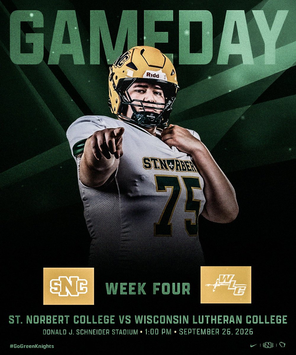 SNCfootball's tweet photo. 🚨 GameDay at Home 🚨

🆚: Wisconsin Lutheran College 
⏰: 1:00 PM
📍: De Pere, WI
🏟: Schneider Stadium
💻: https://t.co/EShJOsqSx7.
📈: https://t.co/PcSJTrYcbK

🟢⚔️🟡
#GoGreenKnights l #GKC https://t.co/CRyMCkuHSx