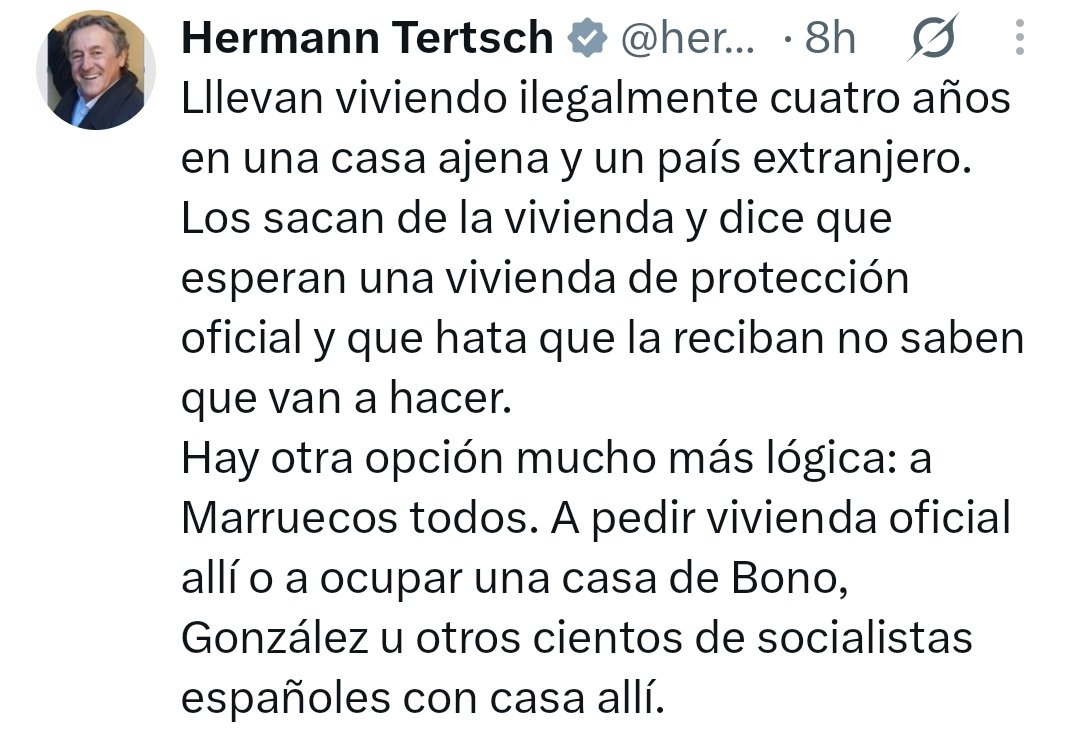 caminantes21's tweet photo. Estoy contigo, Hermann. Ya está bien de pagarles la vivienda a estos hijos de extranjeros que quieren vivir de los impuestos de todos. Por cierto, tu padre era inmigrante, ¿no?  Y otra pregunta, ¿quién paga tu vivienda y tu comida en Bruselas? Creo que nos cuestan 359€ al día... https://t.co/qkO6aB3QSg