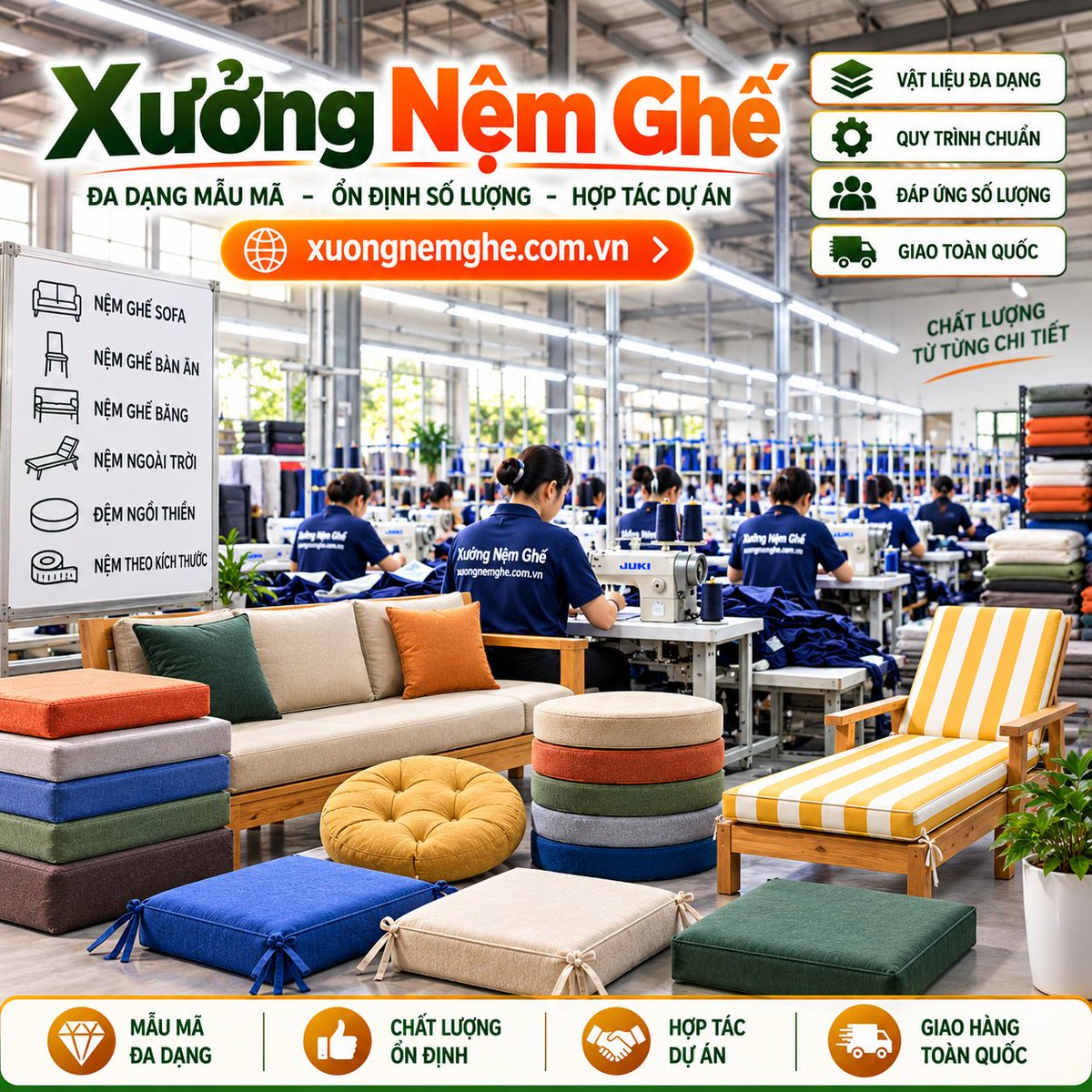nemngoi's tweet photo. Xưởng Nệm Ghế – Gia Công Nệm Ghế Theo Kích Thước, Mẫu Ghế & Số Lượng
      https://t.co/lGpZlTPoQf        chuyên về xưởng nệm ghế, gia công nệm ghế và sản xuất nệm ghế hàng đặt  theo kích thước thực tế, mẫu ghế, hình ảnh, bản vẽ và quy cách đơn hàng.   Các nhóm chính gồm nệm ghế gỗ, nệm ghế sofa, nệm ghế bàn ăn,   nệm ghế băng dài, nệm lót ghế và nệm ghế ngoài trời,   đáp ứng nhiều kiểu ghế và không gian sử dụng khác nhau.Tại https://t.co/lGpZlTPoQf, mỗi hạng mục nệm ghế được xác định theo   chiều dài, chiều rộng, độ dày, hình dáng mặt ghế, cấu tạo ruột   và vật liệu bọc. Ruột nệm có các lựa chọn như   DR40 + FR, DR50 + FR, HR Foam, memory foam và quick-dry foam;   vật liệu bọc gồm da, vải, bố, linen, nhung, nỉ  cùng các nhóm vật liệu phù hợp cho nệm ghế ngoài trời.Xưởng nệm ghế https://t.co/lGpZlTPoQf tiếp nhận từ từng hạng mục   đến đơn hàng nệm ghế số lượng lớn dành cho   đối tác nội thất, đơn vị thương mại, nhà thầu, công trình và dự án.   Khách hàng có thể cung cấp kích thước, hình ảnh ghế, bản vẽ,   mẫu tham khảo và số lượng để xác định quy cách,   lựa chọn cấu hình và nhận báo giá gia công nệm ghế  theo đặc điểm thực tế của đơn hàng.Xem thêm thông tin chuyên sâu tại          Xưởng Nệm Ghế        trên https://t.co/J9qbpCDrul.     Gia Công Nệm Ghế    
  📷     Nệm Ghế – Hàng Đối Tác   
  📷     Gia Công Nệm Ghế Sofa   
  📷     Nệm Ghế Gỗ    
  📷     Nệm Ghế Ngoài Trời    
  📷     Bảng Giá Nệm Ghế   
  📷

Xưởng Nệm Ghế – Sản Xuất Cho Đối Tác, Công Trình & Dự Án
https://t.co/lGpZlTPoQf là xưởng nệm ghế    tiếp nhận sản xuất và gia công nệm ghế cho     đối tác nội thất, nhà thầu, đơn vị thiết kế, công trình và dự án.     Phạm vi triển khai gồm nệm ghế gỗ, nệm ghế sofa, nệm ghế bàn ăn,     nệm ghế băng dài, nệm ghế sân vườn và nệm ghế ngoài trời,     phù hợp từ từng hạng mục riêng đến đơn hàng có nhiều mẫu ghế.Từng loại nệm được xác định theo     kích thước mặt ghế, độ dày, hình dáng, cấu tạo ruột,     vật liệu bọc và điều kiện sử dụng.     Với đơn hàng nhiều quy cách, thông tin có thể được phân chia theo     mã nệm và khu vực bố trí, giúp quá trình kiểm tra     giữa mẫu ghế thực tế và danh mục cần triển khai rõ ràng hơn.Để nhận báo giá gia công nệm ghế, khách hàng có thể cung cấp     kích thước, hình ảnh ghế, bản vẽ hoặc mẫu tham khảo    kèm số lượng dự kiến. Các thông tin này là cơ sở để     https://t.co/lGpZlTPoQf phân loại hạng mục, xác định cấu hình     và lập báo giá phù hợp với đặc điểm thực tế của đơn hàng.📷
📷
📷
📷
📷
📷

Đơn Hàng Đối Tác Nội Thất
Đối tác nội thất và đơn vị thiết kế có thể cung cấp           mẫu ghế, thông số hoặc tài liệu kỹ thuật          để xác định loại nệm tương ứng. Từng hạng mục được đối chiếu           với kiểu ghế và vị trí sử dụng trước khi lựa chọn           cấu tạo phù hợp.
Nệm Ghế Cho Công Trình & Dự Án
Với nệm ghế công trình và nệm ghế dự án,           danh mục có thể được chia theo từng khu vực như           phòng khách, phòng ăn, khu chờ, khu thư giãn,           sân vườn hoặc không gian ngoài trời,           giúp xác định đúng nhóm sản phẩm cho từng vị trí.
Gia Công Nệm Ghế Theo Kích Thước
Gia công nệm ghế theo kích thước          dựa trên chiều dài, chiều rộng, độ dày và kết cấu mặt ghế.           Hình dáng có thể là           vuông, chữ nhật, bo góc, băng dài, bán nguyệt          hoặc dạng phù hợp với kết cấu thực tế của ghế.
Sản Xuất Theo Từng Loại Ghế
Sản xuất nệm ghế được phân theo từng nhóm sử dụng,           gồm ghế gỗ, sofa, ghế bàn ăn, ghế băng dài,           ghế sân vườn và ghế ngoài trời.           Mỗi kiểu ghế có tỷ lệ mặt ngồi, tựa lưng và điều kiện sử dụng           khác nhau nên cần cấu hình riêng.
Ruột Nệm Theo Công Năng
Ruột nệm có thể lựa chọn theo mục đích sử dụng với           DR40 + FR, DR50 + FR, HR Foam, memory foam,           cao su hoặc quick-dry foam.           Độ dày và cấu tạo được cân đối theo kiểu ghế,           tần suất sử dụng và môi trường bố trí.
Vải & Vật Liệu Bọc Nệm
Các lựa chọn bọc gồm           cotton, linen, canvas, bố, nhung, nỉ,           da PU và simili.           Với nệm sử dụng ngoài trời có thể tham khảo           Olefin, Acrylic, Polyester PU, Sunbrella và Sunproof          tùy điều kiện bố trí của từng hạng mục.
Phân Mã & Quản Lý Quy Cách
Đơn hàng có nhiều mẫu có thể được lập danh mục theo           mã nệm, vị trí, kích thước, độ dày,           vật liệu và số lượng.           Việc phân nhóm giúp đối chiếu từng hạng mục rõ ràng,           đặc biệt khi một dự án sử dụng nhiều kiểu ghế khác nhau.
Báo Giá Gia Công Nệm Ghế
Báo giá gia công nệm ghế được xác định theo           kích thước, độ dày, loại ruột, vật liệu bọc,           phương án hoàn thiện và số lượng.           Khách hàng cung cấp thông tin càng đầy đủ thì việc           phân loại hạng mục và tính quy cách càng thuận tiện.

Sản phẩm xưởng nệm ghế
 📷Nệm Ghế Ngoài Trời – Đặt Nệm Sân Vườn, Hồ Bơi & Ban Công
Price/150.000₫ Price/350.000₫ 📷Nệm Ghế Sofa – Gia Công Ruột Nệm, Vỏ Nệm Theo Kích Thước
Price/150.000₫ Price/350.000₫ 📷Nệm Ghế Gỗ – Đặt Nệm Ghế Gỗ Sofa, Bàn Ăn & Băng Dài
Price/150.000₫ Price/350.000₫ 📷Gia Công Nệm Ghế – Nhận Đặt Hàng Theo Kích Thước & Mẫu Ghế
Price/150.000₫ Price/350.000₫

Xưởng Nệm Ghế Nhận Sản Xuất, Thiết Kế, Gia Công & May Bọc Áo Nệm Ghế
Xưởng nệm ghế nhận   sản xuất, thiết kế, gia công nệm ghế, may bọc áo nệm, đệm ghế  theo kích thước, mẫu ghế, hình dáng và quy cách sử dụng.   Các nhóm chính gồm nệm ghế gỗ, đệm sofa, nệm bàn ăn, ghế băng dài,   nệm ngồi, đệm ngoài trời và áo bọc nệm tháo rời.   Có thể lựa chọn theo độ dày, cấu tạo ruột, vật liệu bọc, kiểu may   và môi trường sử dụng; hỗ trợ đơn lẻ, số lượng lớn, đối tác,   công trình và dự án tại TP.HCM, Hà Nội cùng nhiều tỉnh thành   trên toàn quốc.
Gia Công Nệm Đệm Ghế Theo Kích Thước, Mẫu Ghế & Số Lượng
Khách hàng có thể cung cấp kích thước, hình ảnh, mẫu ghế hoặc bản vẽ  để xác định độ dày, ruột đệm, chất liệu bọc, hình dáng và kiểu hoàn thiện  phù hợp. Báo giá được xác định theo quy cách, vật liệu và số lượng thực tế,   phục vụ nhu cầu dân dụng, thương mại, đối tác, công trình và dự án.
Gia Công Theo Kích Thước & Mẫu Ghế
Tiếp nhận thông tin theo dài × rộng × dày, hình ảnh,       mẫu thực tế hoặc bản vẽ. Phù hợp với mặt ghế       vuông, chữ nhật, tròn, bo góc, băng dài      và nhiều kiểu ghế có hình dáng riêng.
Ruột Nệm Theo Nhu Cầu Sử Dụng
Có thể lựa chọn DR40, DR50, HR Foam, memory foam,       cao su, bông ép hoặc cấu tạo phù hợp từng vị trí.       Với nệm ghế ngoài trời có thể tham khảo       quick-dry foam theo điều kiện sử dụng.
May Bọc Áo Nệm Ghế

Nhận may bọc áo nệm, áo đệm ghế và vỏ nệm tháo rời      với các nhóm vật liệu như cotton, linen, canvas, bố,       nhung, nỉ, da PU, simili và vải chuyên dụng ngoài trời.

Nệm Ghế Gỗ, Sofa & Bàn Ăn

Gia công theo từng nhóm nệm ghế gỗ sofa, nệm ghế phòng khách,       đệm ghế bàn ăn, ghế băng dài, kết hợp kích thước,       độ dày và cấu tạo phù hợp với chiều cao mặt ghế.
Nệm Ngồi & Đệm Lót Ngồi
Nhóm nệm ngồi, đệm lót ngồi, đệm ngồi bệt      được phân loại theo kích thước, hình dáng, độ dày và mục đích sử dụng,       từ tấm đơn đến bộ nhiều tấm.
Nệm Ghế Ngoài Trời
Với ghế sân vườn, ban công, hồ bơi và khu vực ngoài trời,       cấu hình có thể lựa chọn theo khả năng thoát nước, điều kiện nắng mưa,       ruột đệm và vật liệu bọc phù hợp môi trường.
Đơn Hàng Số Lượng & Dự Án
Hỗ trợ báo giá theo quy cách, số lượng, vật liệu và cấu hình      cho đơn hàng đối tác, công trình và dự án. Các mẫu có thể được thống nhất       thông số trước khi triển khai số lượng.
TP.HCM, Hà Nội & Các Tỉnh Thành

Tiếp nhận nhu cầu nệm ghế, đệm ghế, áo bọc nệm      tại TP.HCM, Hà Nội và nhiều tỉnh thành trên toàn quốc;       tư vấn dựa trên mẫu ghế, kích thước, số lượng và mục đích sử dụng thực tế.
Xưởng Nệm Ghế • https://t.co/lGpZlTPoQf → Xưởng Nệm Ghế https://t.co/J9qbpCDrul • Nệm Ngồi®
https://t.co/x3qWtQClWI