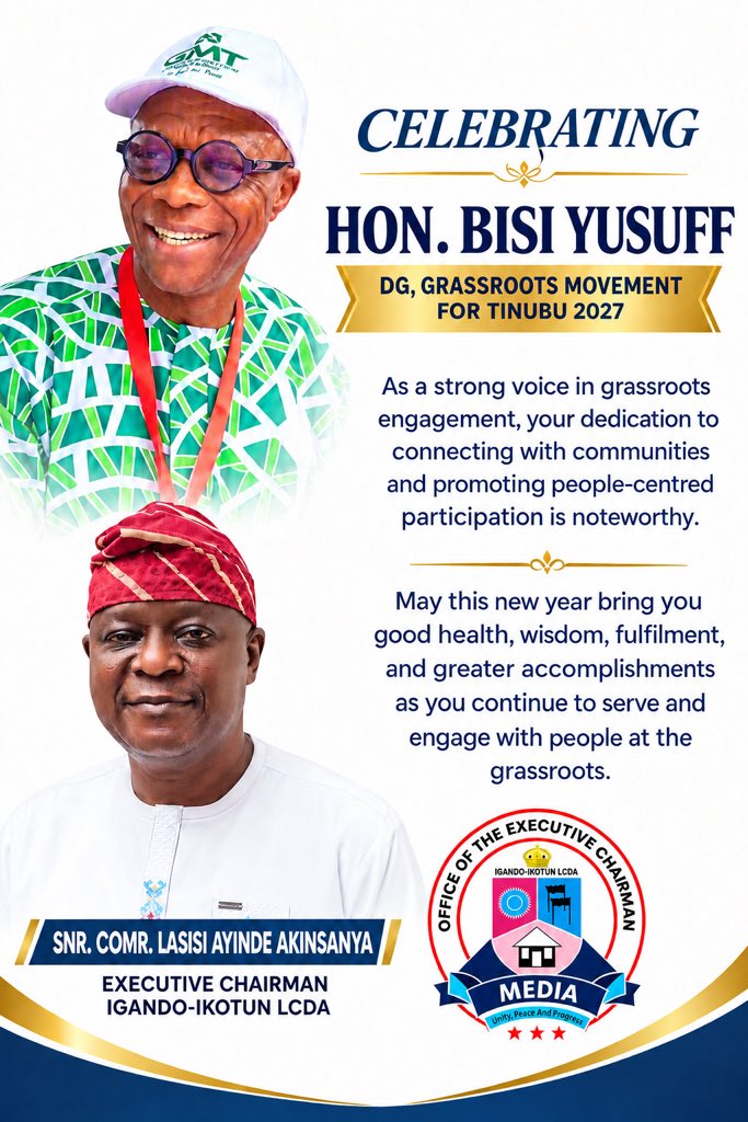 Igandoikotun's tweet photo. Warmest birthday wishes to Hon. Bisi Yusuff, DG, Grassroots Movement for Tinubu 2027.

As a strong voice in grassroots engagement, your dedication to connecting with communities and promoting people-centred participation is noteworthy.

#happybirthdaytoyou #igando #ikotun https://t.co/vg2dE4ykhi