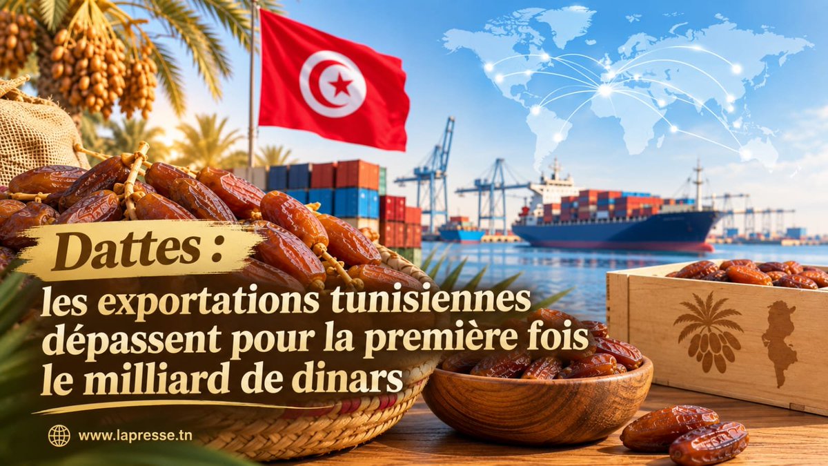 LaPresseTunisie's tweet photo. 🇹🇳 Les exportations tunisiennes de dattes franchissent pour la première fois le milliard de dinars durant la saison 2025/2026, avec près de 160 000 tonnes exportées.
👉 Lire l’article : https://t.co/78TVitcb6d
#Tunisie #Dattes #Exportations https://t.co/D9r9jFAi73