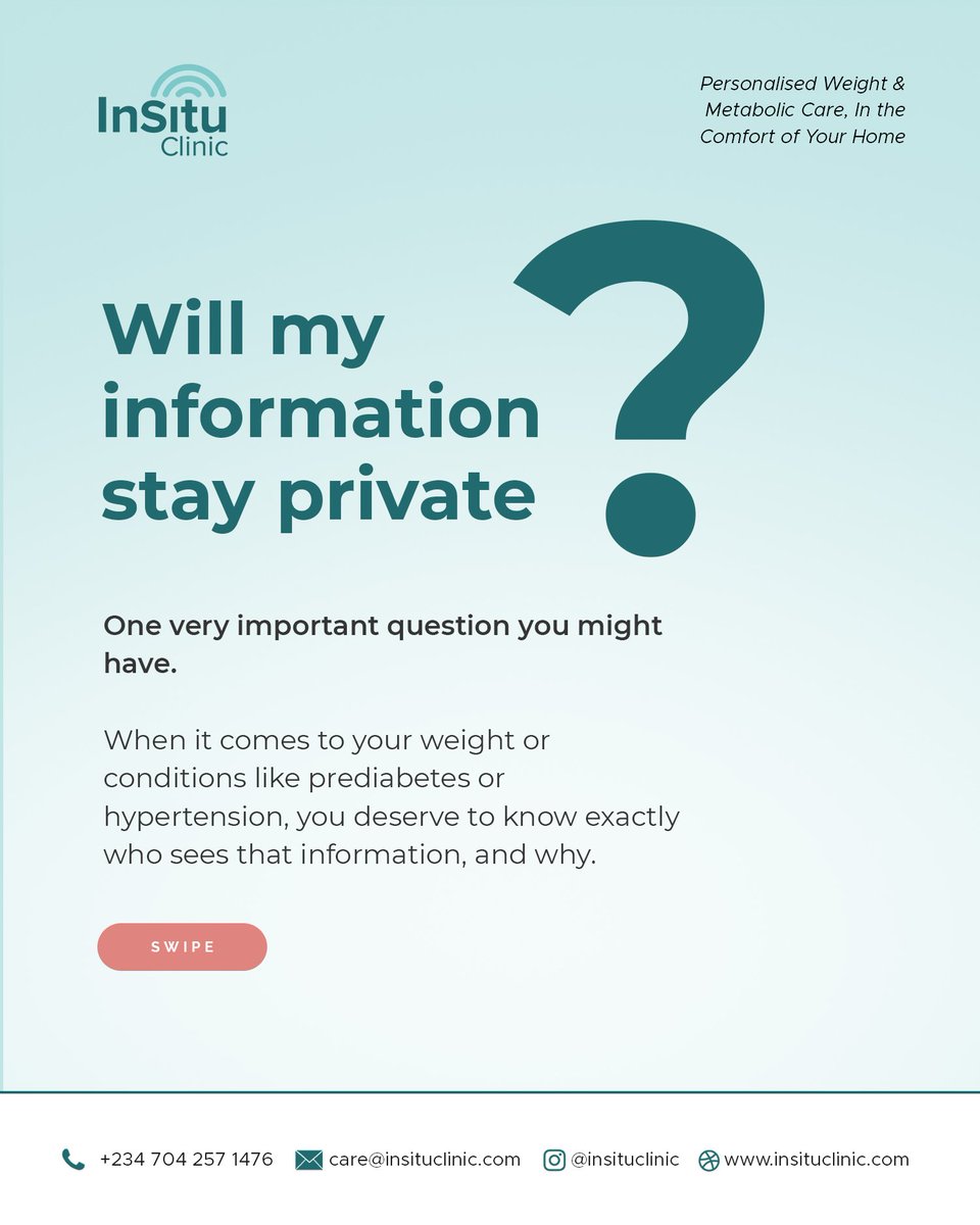 InSituClinic's tweet photo. Will my information stay private? 

This is a common question we get, and one of the most important.

Your labs, your health history is personal and at InSitu Clinic, No information is shared without your consent.

+234 704 257 1476 
https://t.co/Njky8124Su

 #weightloss https://t.co/tlKWHX0vtN