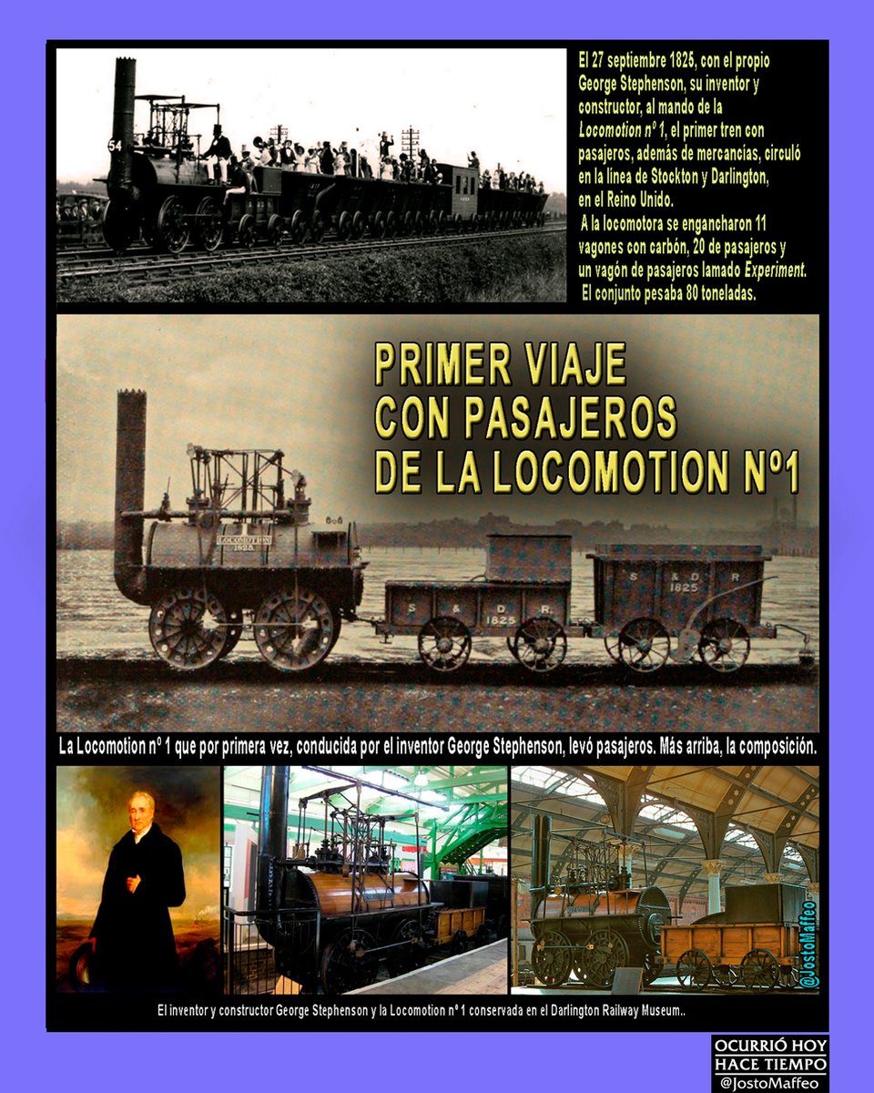 JostoMaffeo's tweet photo. 🚂 PRIMER TREN DE PASAJEROS 

27 Septiembre 1825. En la línea Stockton-Darlington, primer #tren con #pasajeros. 
 Conduce la #Locomotion nº1 George #Stephenson, inventor y padre del #ferrocarril. 
 Locomotora y 31 vagones pesan 80 toneladas y alcanzan 13 km/h.

@Renfe
@fsitaliane https://t.co/fdIqsMKv1o