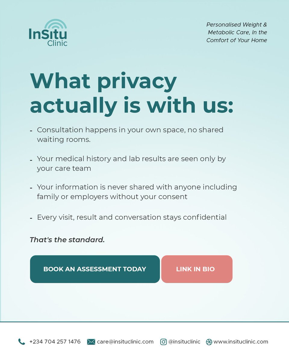 InSituClinic's tweet photo. Will my information stay private? 

This is a common question we get, and one of the most important.

Your labs, your health history is personal and at InSitu Clinic, No information is shared without your consent.

+234 704 257 1476 
https://t.co/Njky8124Su

 #weightloss https://t.co/tlKWHX0vtN