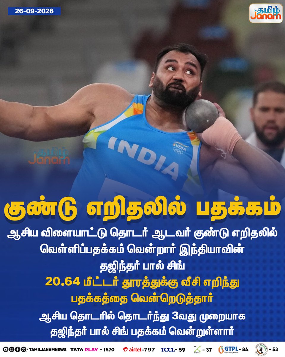TamilJanamNews's tweet photo. குண்டு எறிதலில் பதக்கம்....

#TamilJanam | #AsianGames | #ShotPut | #Newsupdate https://t.co/7xPlG7tRwZ