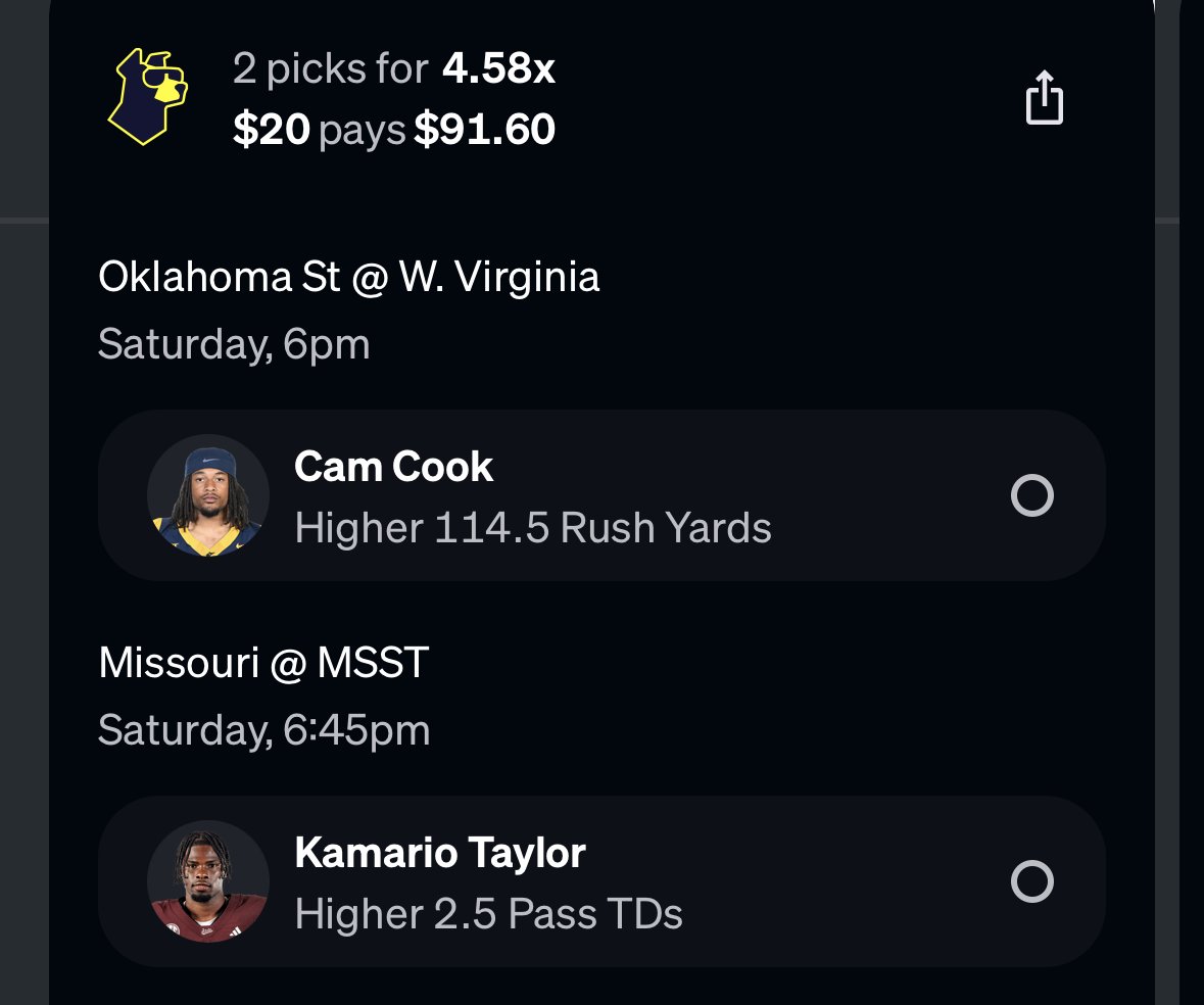 ticketswithtj's tweet photo. Underdog 4.5x Play‼️

CFB SATURDAY🏈

✅Cam Cook Over 114.5 Rush Yards
✅Kamario Taylor Over 2.5 Pass TDs

Get My Best FREE Picks Here👉 https://t.co/BhVt6I0HKe https://t.co/elWj5cq1op