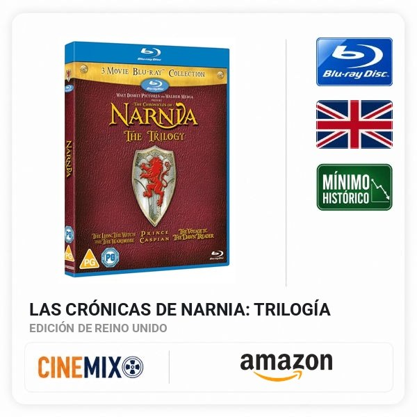 cinemix_es's tweet photo. ❤️ CHOLLO

La edición en Bluray de Las Crónicas de Narnia: Trilogía marca nuevo mínimo: 30,55 € en Amazon España

▶️ https://t.co/isKjEYuCUA

Edición Inglesa con castellano en las 3 películas. En España están todas descatalogadas. Excelente oportunidad. https://t.co/mQNVpwp8HA