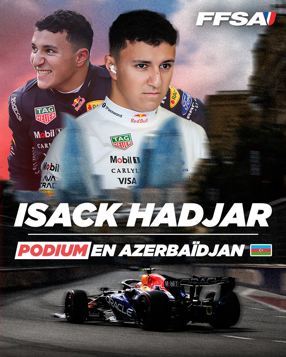 FFSportAuto's tweet photo. Isack Hadjar sur le podium à Bakou 🏆🇫🇷
 
Quatrième sur la grille de départ après de solides qualifications, Hadjar signe son retour de la plus belle des manières en terminant à la 3e place en Azerbaïdjan, décrochant son deuxième podium de la saison ! 👏
 
Avec ces 15 nouveaux points inscrits, le Français porte désormais son total à 86 points au classement général 💪
 
#FFSA #F1 #IsackHadjar #AzerbaijanGP