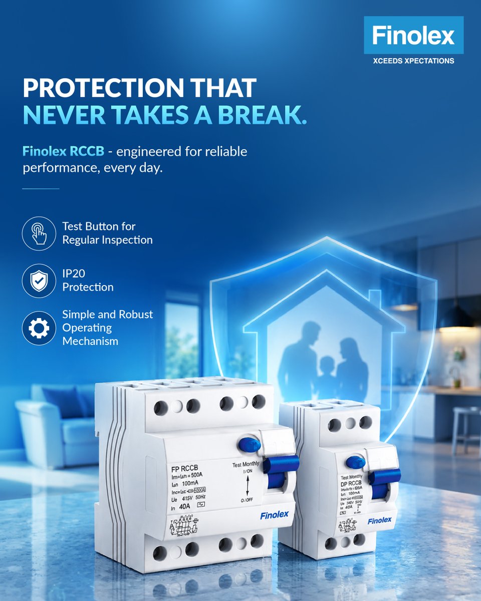 FinolexCables's tweet photo. Reliable protection starts with the right foundation.

Finolex RCCB is designed to detect electrical leakage and help safeguard what matters most, every day.

https://t.co/ml1M5w9lLI

#Finolex #RCCB https://t.co/xXRplEH74j