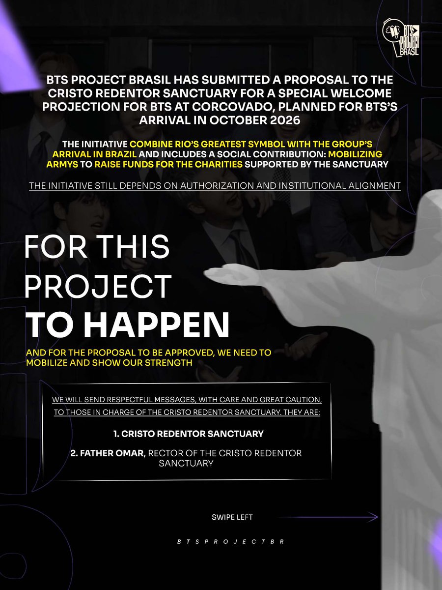 BTSProjectWorld's tweet photo. We ask the authorities in charge of the monument to listen to a collective, cultural, and welcoming request.

The proposal is already in the hands of the Cristo administration. Now, we need to show how much we want this project to happen and prove the power of ARMY. https://t.co/huETdJO0tc
