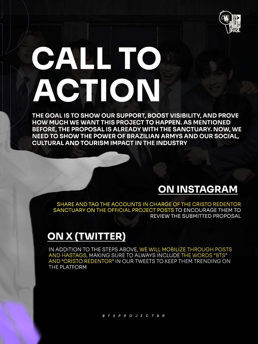 BTSProjectWorld's tweet photo. We ask the authorities in charge of the monument to listen to a collective, cultural, and welcoming request.

The proposal is already in the hands of the Cristo administration. Now, we need to show how much we want this project to happen and prove the power of ARMY. https://t.co/huETdJO0tc