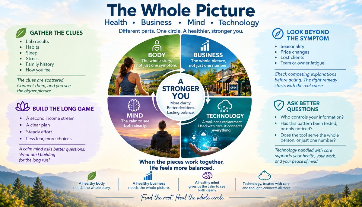 martinavdl's tweet photo. A symptom is rarely where the story starts. 🌿 Body, business, and mind are one circle, and technology belongs in it, handled with care and thought. Find the root, and the whole circle heals.
#FounderCEO #EcoSynQ #heartcoretech #HolisticLiving
https://t.co/z9IgzIzcOt https://t.co/JUY40iQ2wB