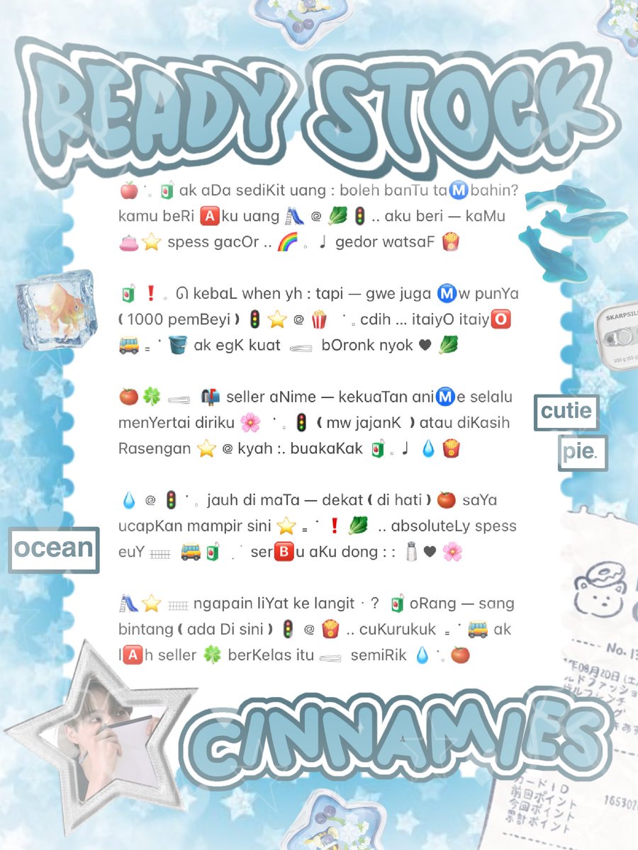 cinnyamies's tweet photo. ╭┈  ֹ   help repost? thankies, sweetie 🐳

{ II } ׁ ๑ 🪽.. haii, timan — timun ?! naka punya wording ready stock nih 𓏏𓏏 ִ ⊹  bio 3.500/each 𖢷 ׅ  ࣪  ⸝⸝ pinned, greetings, promosi, done payment 5.500/each💧🦴 yuk, ping chat:ie aku &amp;. take sekarang juga 𓈒˚ >___^

#bealanja https://t.co/3rMdv0P2kZ