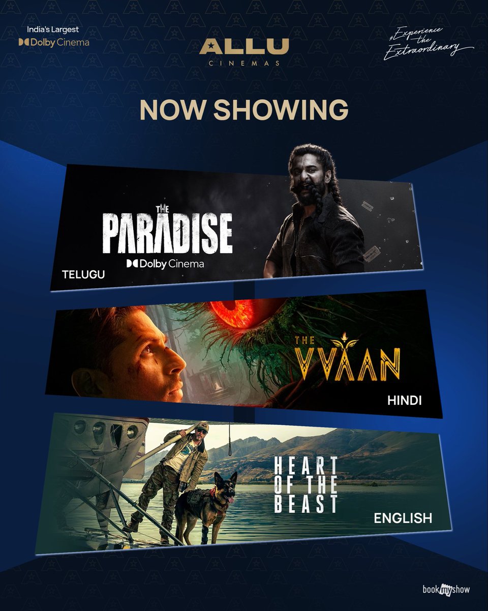 AlluCinemas's tweet photo. From the world of Paradise to the return of the Avengers, there’s something for every movie lover.

The Paradise - Dolby
Avengers: Endgame Encore - Dolby 3D
Avengers: Endgame Encore - MS - Infinity Version 3D & 2D
VVAAN: Force of the Forest
Heart of the Beast

🎟️ Book your tickets on @bookmyshow 
📍 @AlluCinemas 
✨ Experience The Extraordinary

#AlluCinemas #TheParadise #AvengersEndgame #VVAAN #HeartOfTheBeast