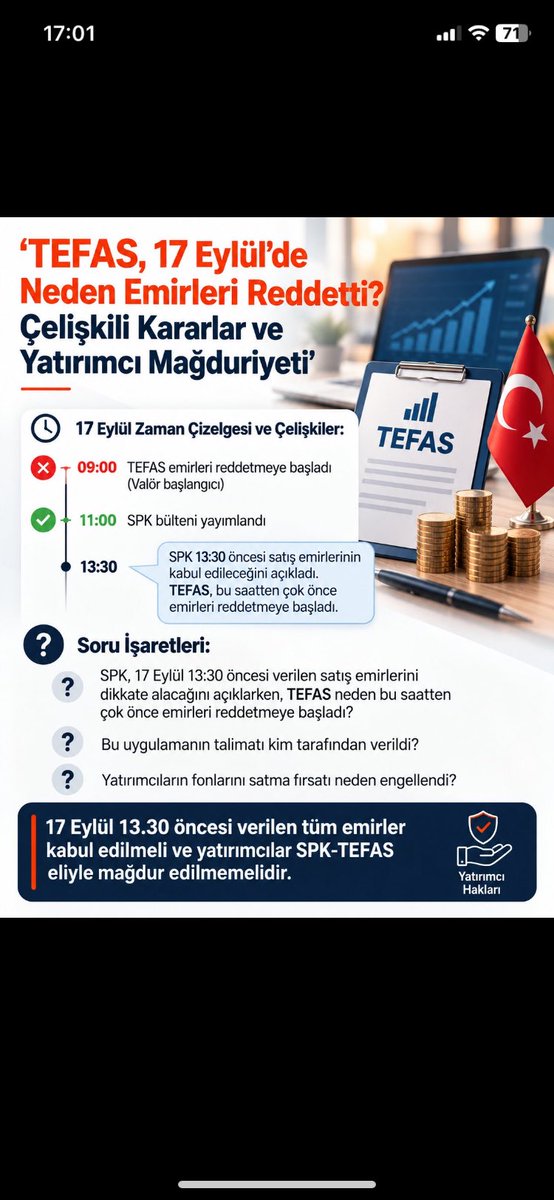 Erosborsa's tweet photo. 17 Eylül de 13:30 dan önce emir verenler tasfiyenin içinde neden var,satış emrini nasıl red edersiniz,neden #spk 13:30 u sınır kabül etti o zaman                                            @spkgovtr                                                                  @memetsimsek                                                        @Takasbank                                                                #TeraMağdurlarıÇözümBekliyor                         #TeraMağduriyetiSonBulsun                              #TeraFonMağdurları                                                 #THF