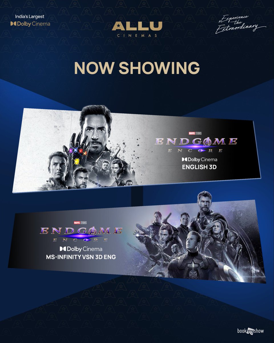 AlluCinemas's tweet photo. From the world of Paradise to the return of the Avengers, there’s something for every movie lover.

The Paradise - Dolby
Avengers: Endgame Encore - Dolby 3D
Avengers: Endgame Encore - MS - Infinity Version 3D & 2D
VVAAN: Force of the Forest
Heart of the Beast

🎟️ Book your tickets on @bookmyshow 
📍 @AlluCinemas 
✨ Experience The Extraordinary

#AlluCinemas #TheParadise #AvengersEndgame #VVAAN #HeartOfTheBeast