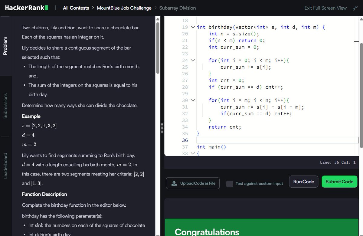 Muskanm_1227's tweet photo. Day 141/150 #150DaysOfCode | #Assessment Revision Part 2 ⚡
5️⃣Plus Minus: O(N) TC | O(1) SC
6️⃣Subarray Division: O(N) TC | O(1) SC
7️⃣Migratory Birds: O(N) TC | O(1) SC
#DSA #HackerRank #Cpp #CodingPractice https://t.co/3ngwXfcNrs