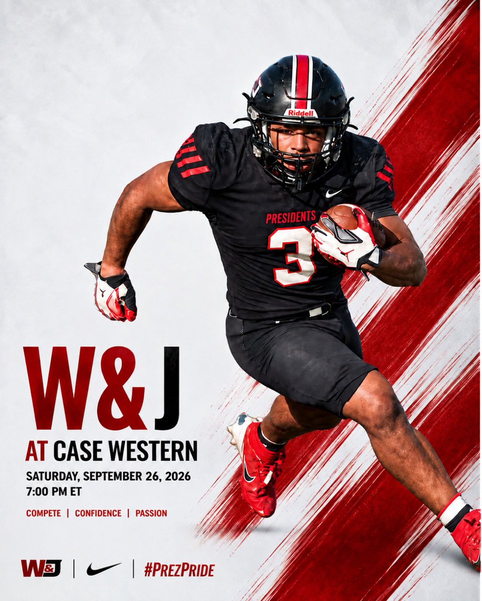 WJFootball's tweet photo. 🚨 PRESIDENTS BACK ON THE ROAD 🚨

🔴⚫️ W&amp;J AT CASE WESTERN 🔵⚪️

⏰ 7:00 PM.
🏟️ DiSanto Field, Cleveland, OH.
📊 LIVE STATS: https://t.co/NOyZ75DlCZ
📺 WATCH LIVE: https://t.co/wuv2ujGIet

#PrezPride | #PrezFB | #d3fb https://t.co/Y69uT8cTtP