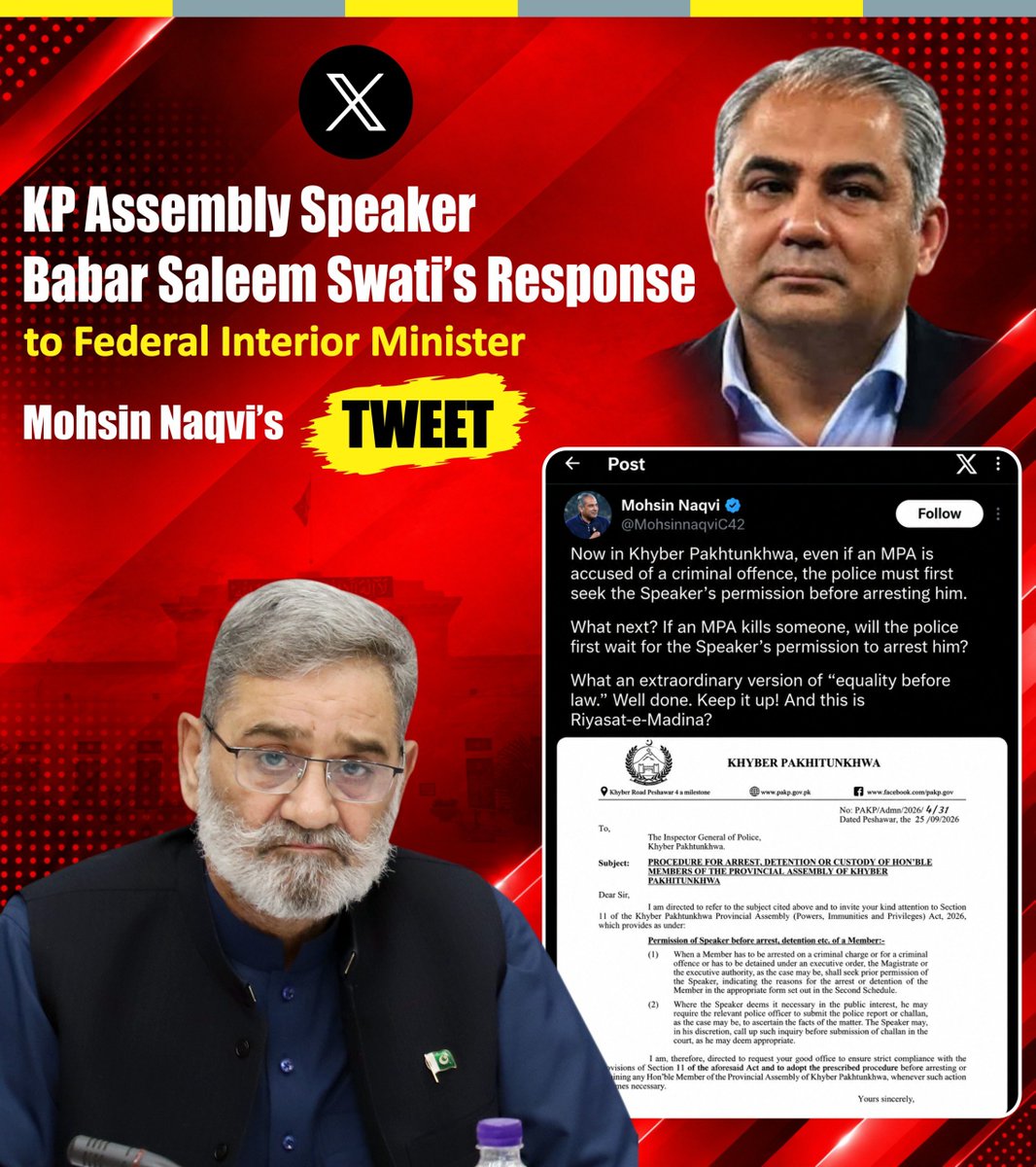 BabarSaleemSwat's tweet photo. Honourable Federal Interior Minister, If you had been part of an elected and people’s representative parliamentary system, you would have known that the protections given to Members of the Assembly are not a new invention; they have always been part of parliamentary traditions and national as well as provincial laws.
Parliamentary privileges, including the requirement of the Speaker’s prior permission before the arrest of a Member of the Provincial Assembly on a criminal charge, are not a novel invention of Khyber Pakhtunkhwa. They exist to protect the independence of the legislature, prevent the executive from using police powers to intimidate or silence elected representatives, and ensure that the Assembly can function without fear or obstruction.
These safeguards are rooted in long-standing parliamentary practice and earlier provincial legislation. They do not place any MPA above the law. An accused member remains subject to investigation, prosecution, and the full process of the courts. The Speaker’s role is limited to ensuring that any proposed arrest is not motivated by political vendetta or designed to disrupt the House.
When you pass an immunity law in the darkness of the night, that seems perfectly fine to you. When you kidnap parliamentarians, bribe them, and force them into floor-crossing just to pass a law solely for yourselves, that is considered law.
But when all government and opposition parties, by consensus, pass a law in the Khyber Pakhtunkhwa Assembly, that is suddenly not a law? Amazing, isn’t it? Just think about what you are comparing and tweeting.
Today we are witnessing a far graver assault on democracy: face-covered individuals, without warrants, raiding homes and abducting elected MNAs, MPAs, and PTI leadership solely to prevent peaceful protest. Is this democracy? When bullets were fired and massacres took place on 24 November, 9 May, and 25 May, it became clear that this is not democracy but a state run by a handful of people, where the Constitution has been reduced to a mere formality.
What message are you sending to the world about Pakistan? People are leaving the country. Hope is diminishing. Investors are afraid. Meanwhile, those in power continue to enjoy every privilege. We will remain here. History teaches us that people like you leave this country when true democracy arrives. The people of Pakistan will now decide, once and for all, what democracy truly means: government of the people, by the people, and for the people.
The very perks and privileges you criticise are the ones you and your colleagues are also enjoying. Some among you have even secured immunity through Parliament so that no one can question them. Do you consider such legislation acceptable in a Riyasat-e-Madina? If this is truly an Islamic state whose Constitution is framed under Islamic law, then kindly cite a single example from Islamic history where any individual was granted personal immunity from the law. Please quote even one.
You and those with you often act as if your words are the law. No, my dear! The only law that shall prevail is the one that is in accordance with Islamic Shariah.
A few days ago, the Speaker of the Khyber Pakhtunkhwa Assembly was conferred a prestigious international award for record legislation — legislation that truly reflects the will of the people and the essence of democracy. Since the formation of this Assembly, no previous house has enacted such progressive laws. This recognition is a matter of pride not only for Khyber Pakhtunkhwa but for Pakistan as a whole. Instead of celebrating this achievement and the good name Pakistan earned on the global stage, you blocked my passport and prevented several MNAs and MPAs from attending the conference. That conference brought together representatives from 56 countries, 186 assemblies, and nearly 80,000 parliamentarians. Yet your only priority remains how to prolong your illegal Form-47 so-called government by trampling every principle of human rights
