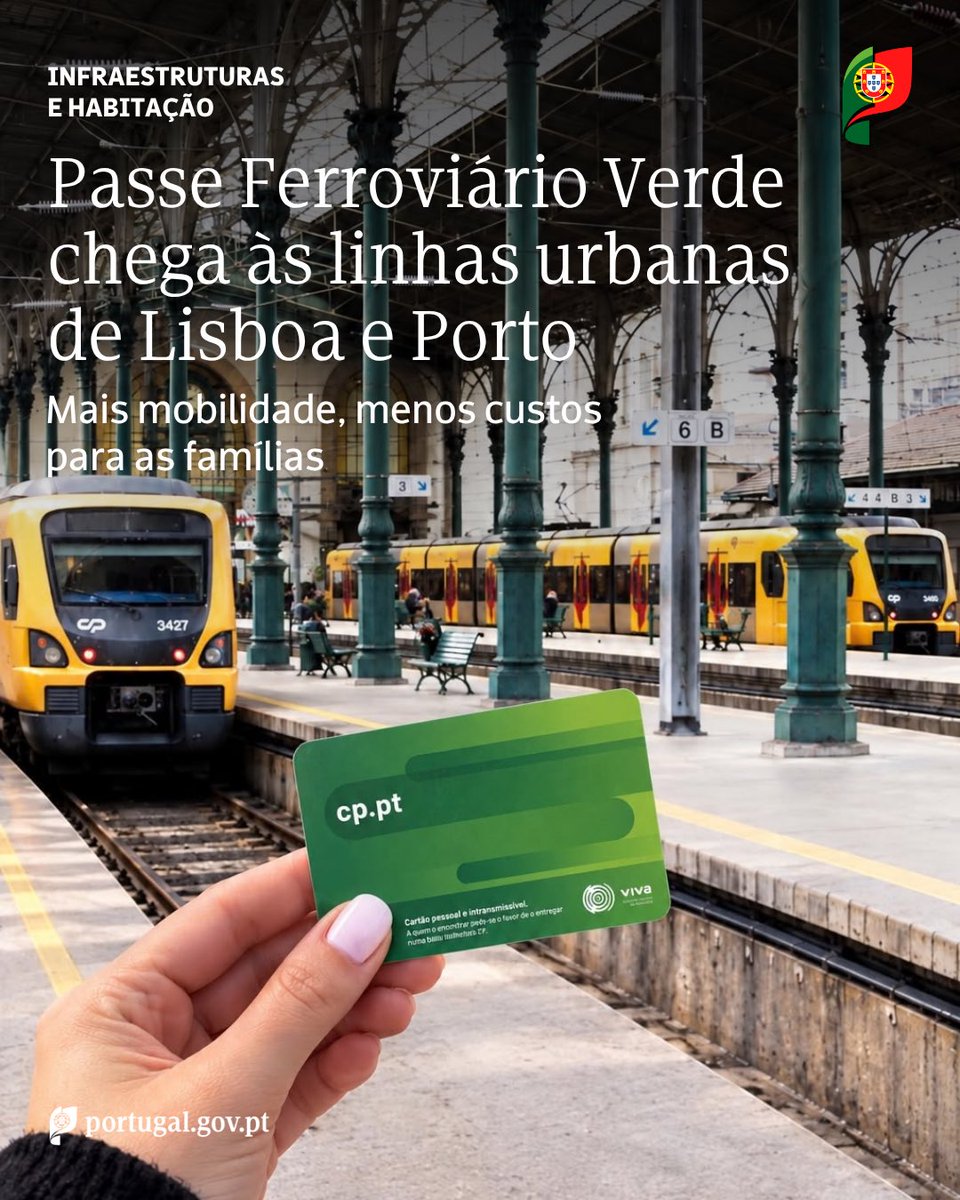 iestruturas_pt's tweet photo. A partir de amanhã, o Passe Ferroviário Verde passa a ser válido nos serviços urbanos da CP em Lisboa e no Porto, reforçando uma mobilidade mais acessível, simples e sustentável
#MIH #MinistériodasInfraestruturaseHabitação #PasseFerroviárioVerde #Mobilidade #TransportesPúblico https://t.co/96MfJqOag5