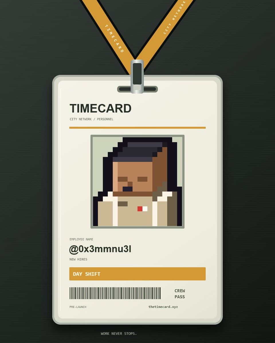 0x3mmnu3l's tweet photo. I’m hired. First shift starts now.
DAY SHIFT crew, clock in. @thetimecard

Get your badge. Join the crew. https://t.co/VPmvScaBOE https://t.co/TEVz7Yjbic