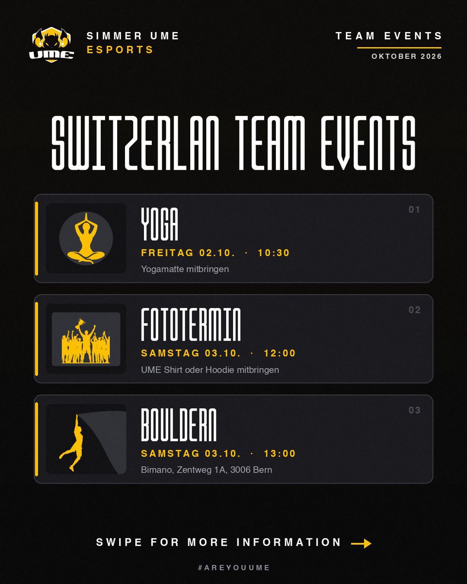 SimmerUME's tweet photo. Drei Aktivitäten, ein Switzerlan Wochenende:

🧘 Yoga — Freitag 10:30
📸 Fototermin — Samstag 12:00
🧗 Bouldern — Samstag 13:00

Bouldern sign-up  👉 https://t.co/uuGWXUVzlZ

#AreYouUME https://t.co/qFrGV9yPnH
