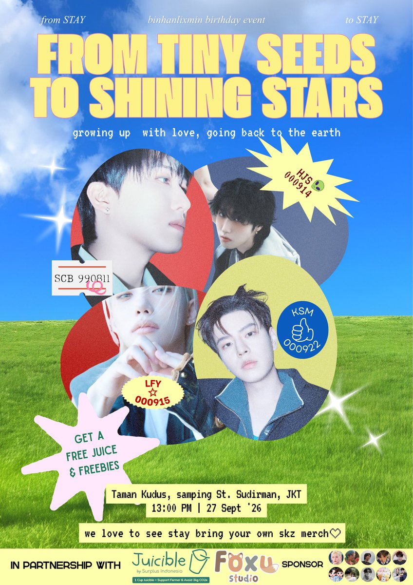 _WETBOYWOO's tweet photo. ★ 𝗙𝗥𝗢𝗠 𝗧𝗜𝗡𝗬 𝗦𝗘𝗘𝗗𝗦 𝗧𝗢 𝗦𝗛𝗜𝗡𝗜𝗡𝗚 𝗦𝗧𝗔𝗥𝗦 ★ 
growing up with love, going back to the earth
a mini birthday project for SKZ BABYRACHA

get your FREE JUICE and freebies

🗓️ Sunday, 27 Sept 2026
⏰ 13.00 - 14.00 WIB
📍Taman Kudus Sudirman, JKT 

#BABYRACHA #SKZ https://t.co/AKS0EnaPwH
