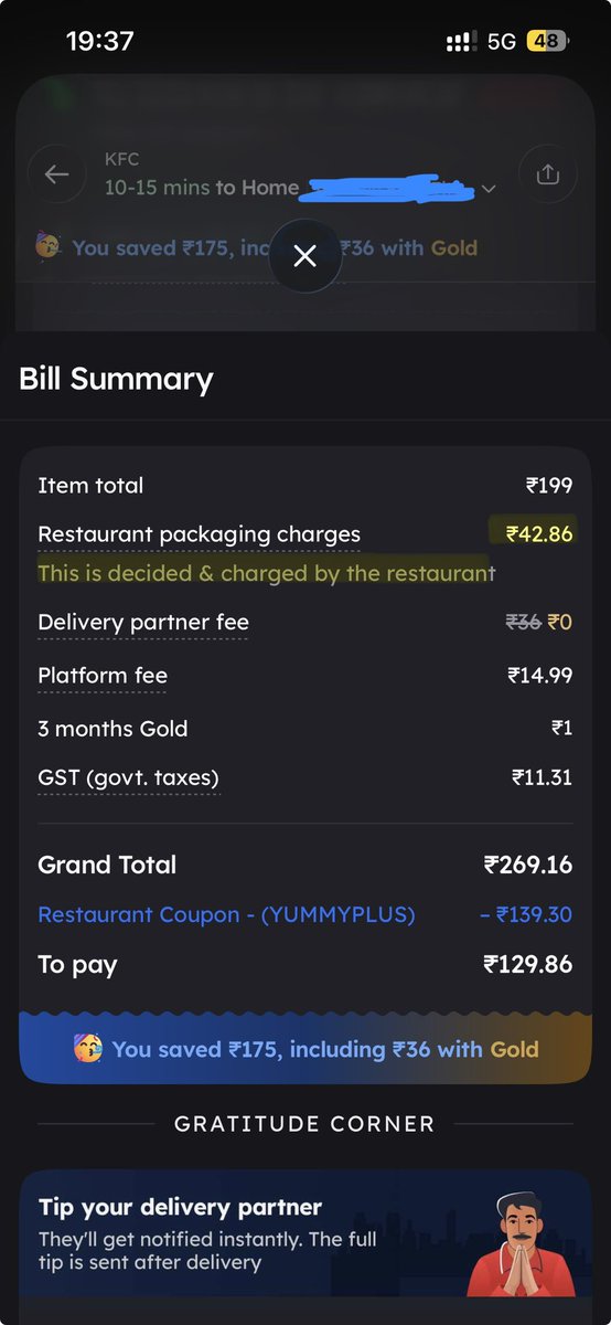 frsahil80's tweet photo. @KFC_India What kind of packaging you provide that cost you 42Rs per order?

Because @zomato clarified “zomato has no role” 

NEED ANSWER! @kfc https://t.co/nvJShe7BmF