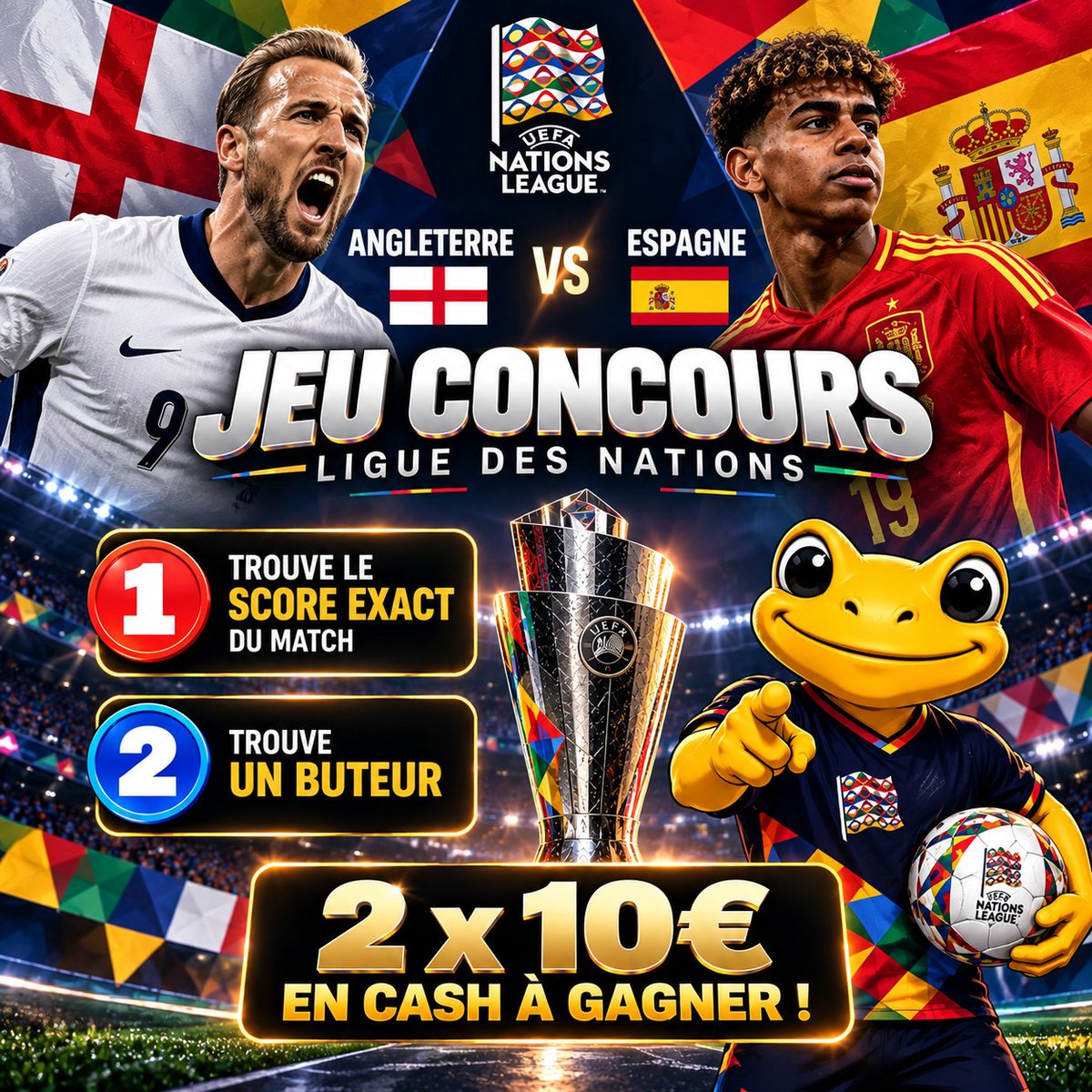 BetClem_'s tweet photo. 🎁 JEU CONCOURS 🎁 LIGUE DES NATIONS 🇪🇺🏆

POUR PARTICIPER 👇
1️⃣ Trouvez le score exact du match.
2️⃣ Trouve un buteur.
Exemple :  🏴󠁧󠁢󠁥󠁮󠁧󠁿 2-1 🇪🇸 + H. Kane  
👉 RT ♻️/♥️
👉 Follow @BetClem_

2x10€ EN CASH À REMPORTER ! 💸

Une seule réponse acceptée par personne jusqu'à ce soir 20h45 🕘

Pour parier sur les matchs ce soir profite de 50% de ton 1er dépôt offerts en freebets jusqu'à 200€ +20€ en cash 🎁👇
https://t.co/yTDWeM6veJ

👉 Si plusieurs bonnes réponses TAS comme d'habitude.
#TeamParieur