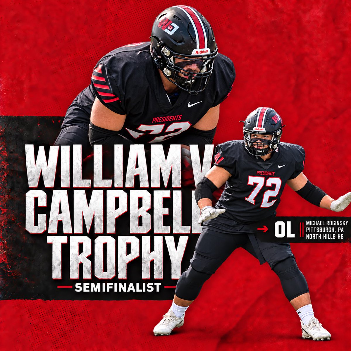 WJFootball's tweet photo. Congratulations to senior offensive tackle Michael Roginsky on being selected as a semifinalist for the William V. Campbell Trophy! π
A tremendous honor recognizing excellence on the field & in the classroom.
Congrats, Michael! π΄β«οΈπ
#PrezPride | #PrezFB https://t.co/qGwe5RRb7o