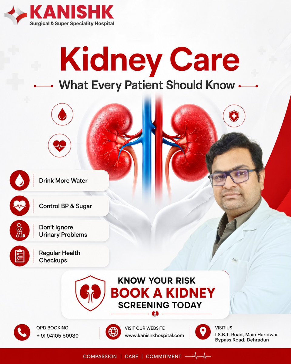 PatrickMotts's tweet photo. Your kidneys work silently—take care of them before they speak up. Protect kidney health with simple daily habits. Don’t wait for symptoms: get screened and stay one step ahead. Kanishk Surgical &amp; Super Specialty Hospital, Dehradun. Call +91 94105 https://t.co/obPCjucKOe