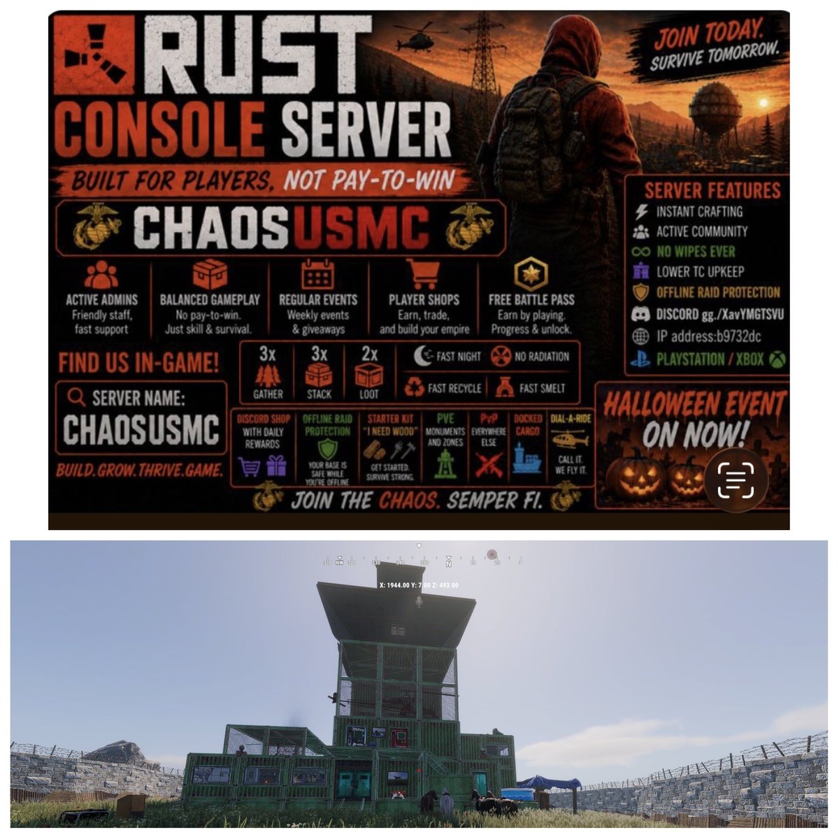 kevenhammonds's tweet photo. Come join us on CHAOSUSMC. See if you can find my base. I'll have goodies waiting for you. There is a PVP arena with 3 different SCRIM modes available. #rustconsole #rust #halloween https://t.co/T1bUqqLdhd