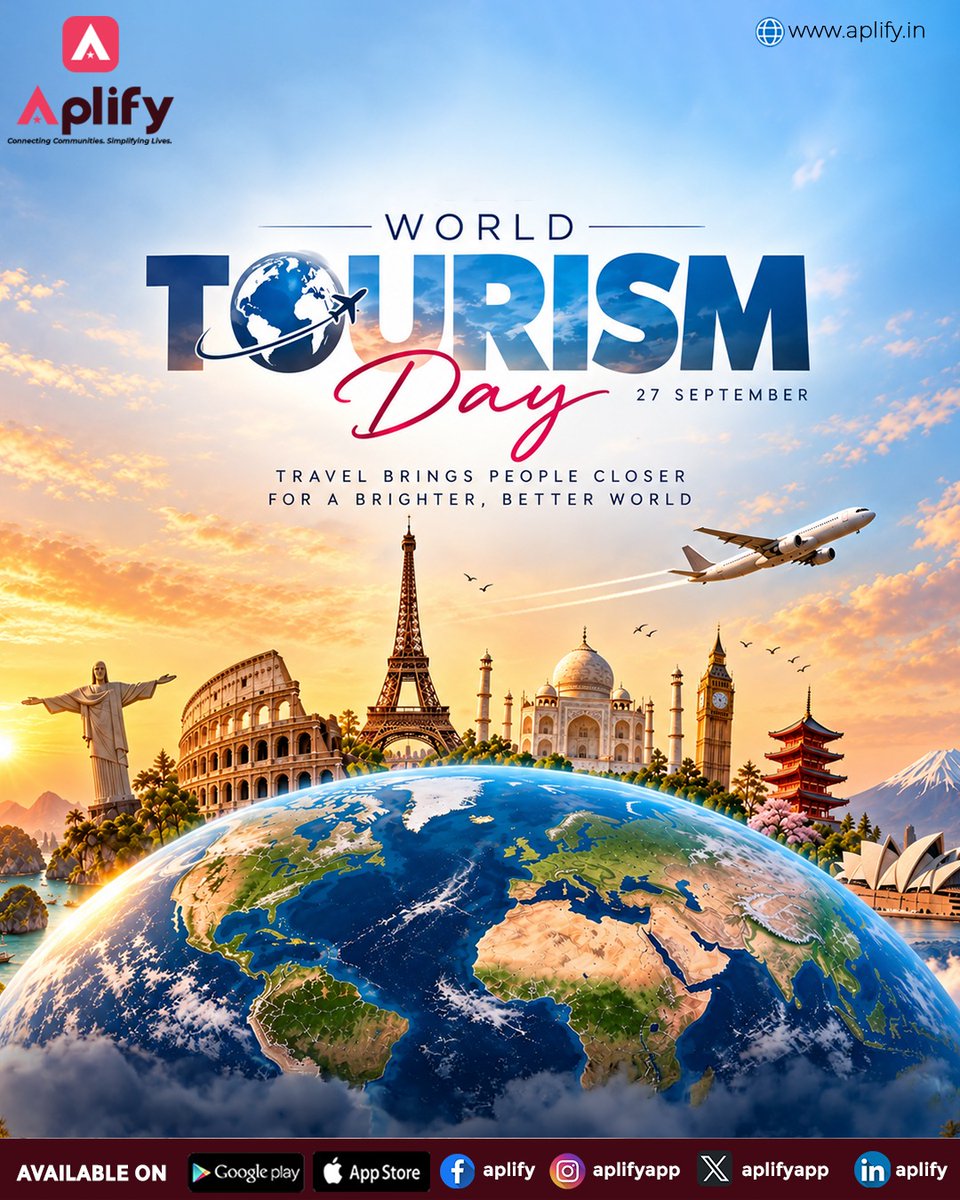 Aplifyapp's tweet photo. 🌍✈️ Happy World Tourism Day!
Let’s celebrate the joy of exploring new places, discovering cultures, connecting communities, and creating unforgettable memories. ❤️🌎
Travel. Explore. Connect. Discover.
🌐 https://t.co/RMeF6NYsxp
#WorldTourismDay #Travel #Tourism #Aplify https://t.co/nANdtOZDXC