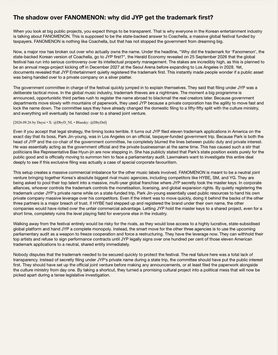 DbyD_NL's tweet photo. 📊 JYP Entertainment's Park Jin-young’s stealth filing of eleven American trademarks for state-backed #Kpop festival #FANOMENON created a damaging paper trail that undermined collaborative efforts with rival agencies HYBE, SM, and YG, ultimately triggering a state audit.
#DS_HYBE https://t.co/3A6OgA06iz