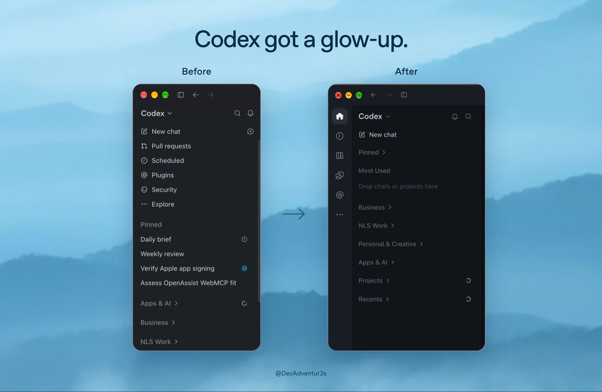 DevAdventur3s's tweet photo. The Codex team really worked on this one 👏

The new sidebar feels cleaner, more thoughtful, and way closer to a native Apple app. Side by side, the difference is obvious 👀 https://t.co/mUw6jKdbSw