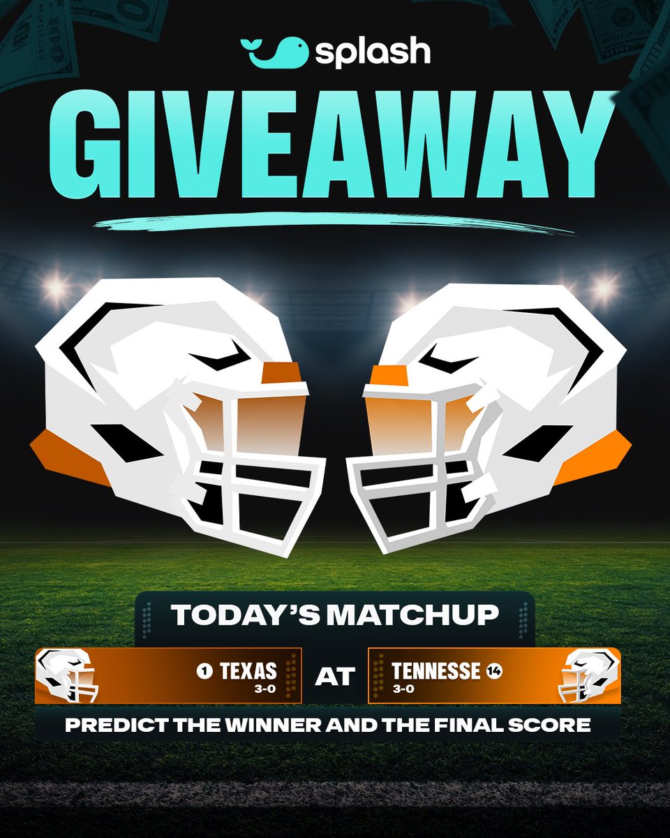 splashgameday's tweet photo. 💵 $1,000 QuickPicks Voucher Giveaway! 🏈

We'll split $1,000 in QuickPicks Vouchers between 10 people who correctly predict the winner and score of tonight's TEX-TEN game 🤝

To enter ⬇️

1. Follow @splashgameday ☑️
2. Like & repost this post 🩵
3. Comment your score prediction for the game 💬