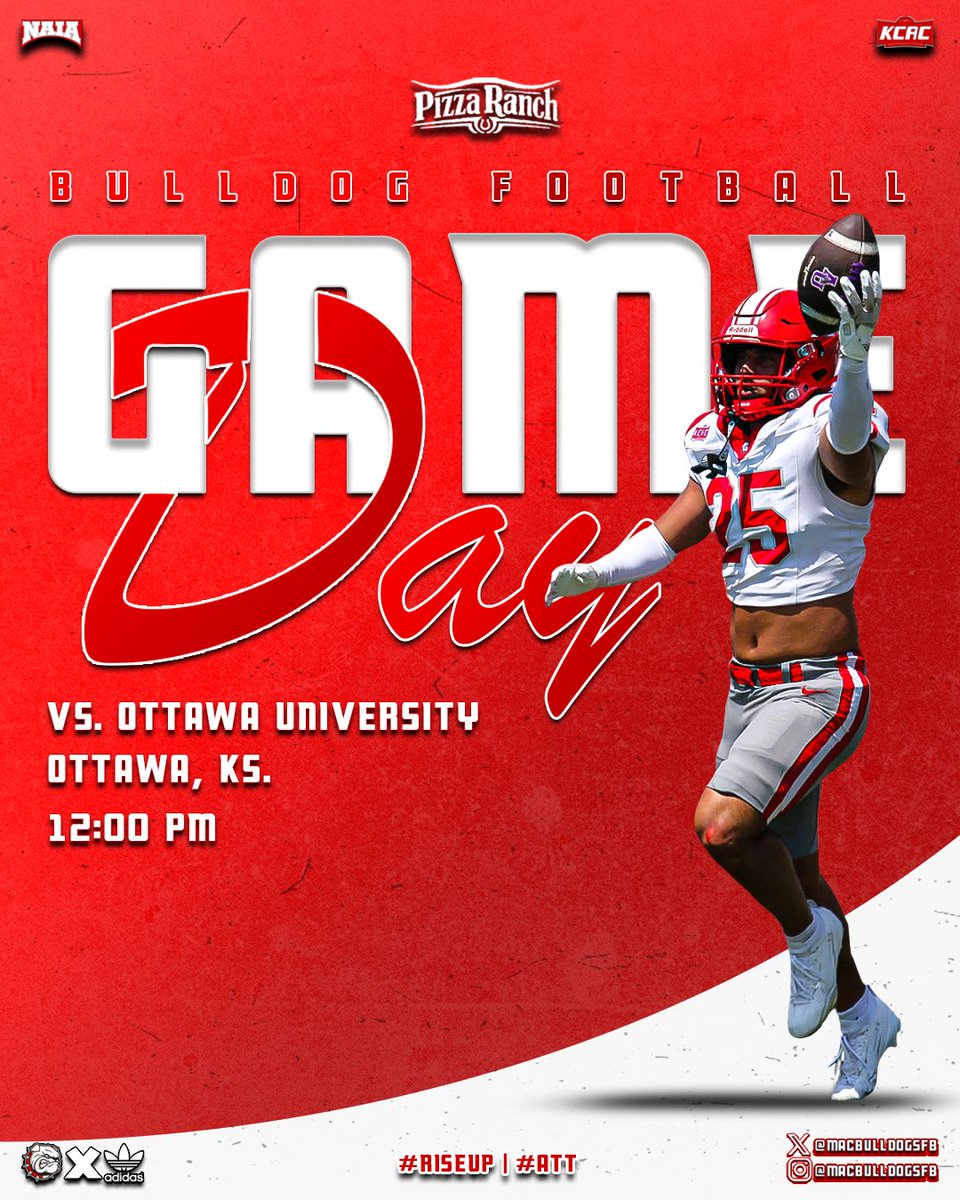 MACBulldogsFB's tweet photo. On the road again! 

🆚 Ottawa University 
📍 AdventHealth Field
⌚️ 12:00 PM CDT
📺 UEN / KCAC Network

#RiseUp | #ATT https://t.co/M9Kd52Y5ss