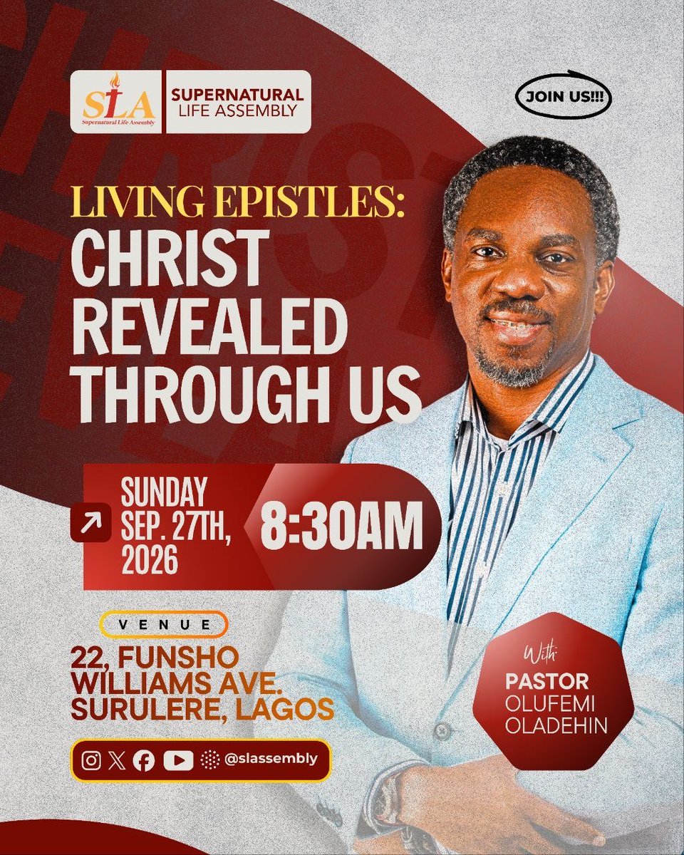 slassembly's tweet photo. FELLOWSHIP WITH US TOMORROW, SUNDAY! 🤍
As we gather in fellowship, may our lives continue to be a true reflection of Christ 🔥
📍 Supernatural Life Assembly
🕣 8:30 AM
📖 Living Epistles: Christ Revealed through us https://t.co/Z4FNmTCpya